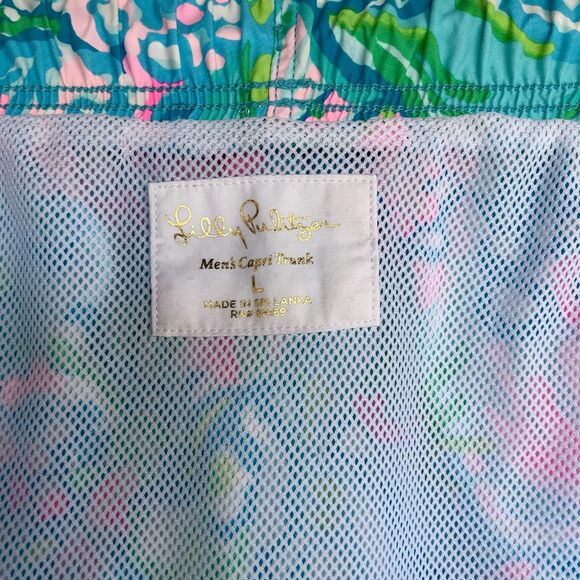 Lilly Pulitzer Swim Trunks L Blue Fish Print Pockets Lined Aqua La Vista Ibiza - Picture 8 of 14